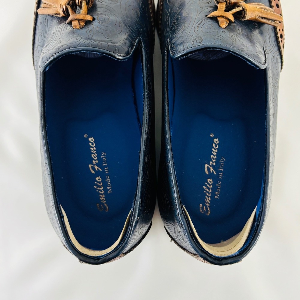 Emilio Franco Navy Blue Paisley Cognac Leather Tassel Wingtip Loafers Italy Sz 7 - Picture 5 of 13
